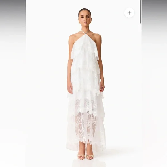 elliatt evelin white lace halter bridal ruffle tiered maxi gown dress medium NEW - Picture 3 of 15